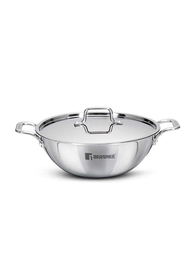 Bergner TriPro 24cm (3.1L) Triply Stainless Steel Deep Stir-fry Pan with Lid, Heavy Base Kadai Wok, Even Heating, Less Oil Healthy Cooking Cookware, Induction & Gas Stove Compatible - Image 1